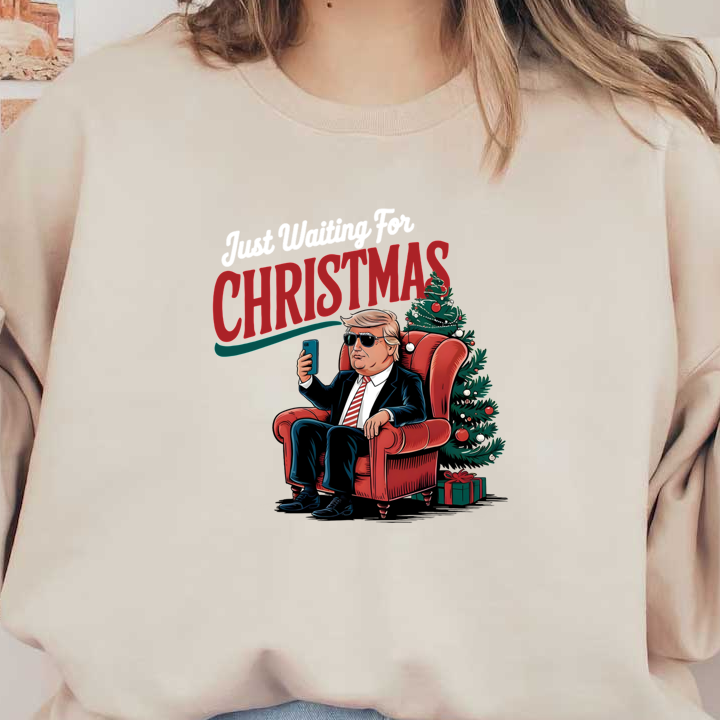 A whimsical holiday graphic featuring a character in a suit sitting in a cozy armchair, waiting for Christmas.DTF Transfers dtf prints
