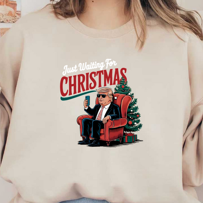 A whimsical holiday graphic featuring a character in a suit sitting in a cozy armchair, waiting for Christmas.DTF Transfers dtf prints