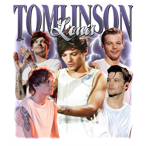 A vibrant collage featuring Louis Tomlinson with dynamic poses and expressions, highlighting his unique style and musical talent.DTF Transfers dtf prints