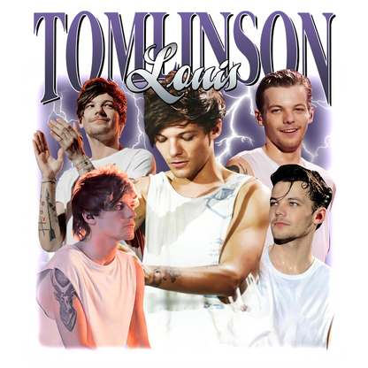 A vibrant collage featuring Louis Tomlinson with dynamic poses and expressions, highlighting his unique style and musical talent.DTF Transfers dtf prints