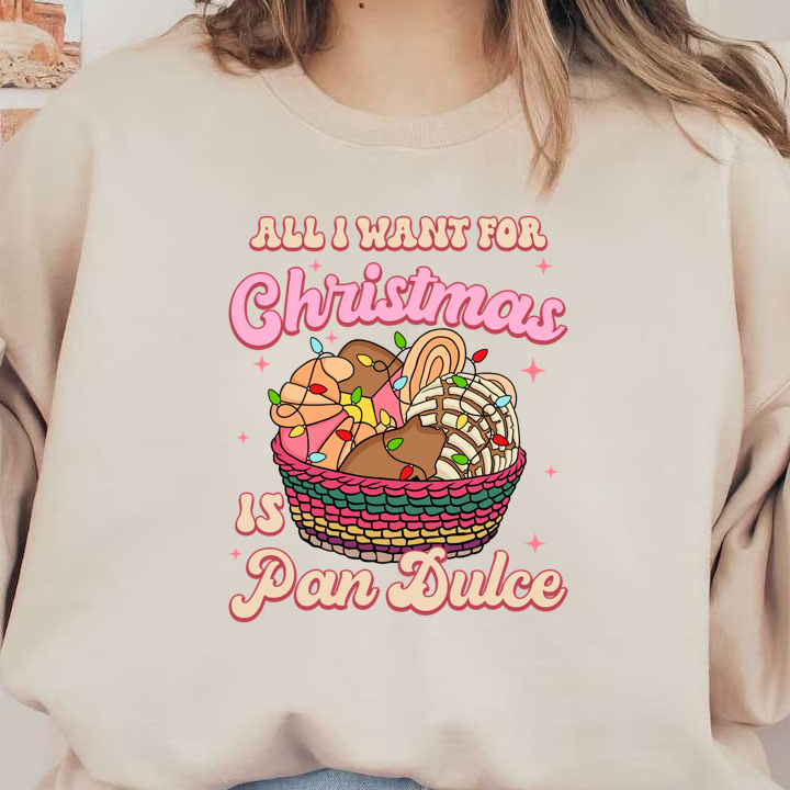 Celebrate the holiday season with a playful design featuring a basket of colorful pan dulce and cheerful holiday lights!DTF Transfers heat press transfers