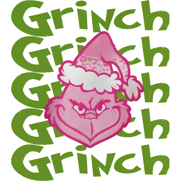 A playful pink Grinch character wearing a festive hat stands against a backdrop of bold green "Grinch" text.DTF Transfersdtf regular iron