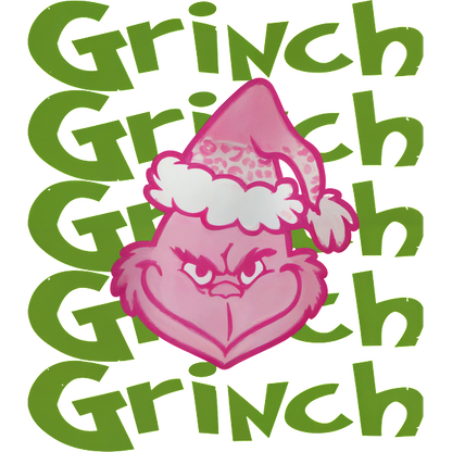 A playful pink Grinch character wearing a festive hat stands against a backdrop of bold green "Grinch" text.DTF Transfersdtf regular iron