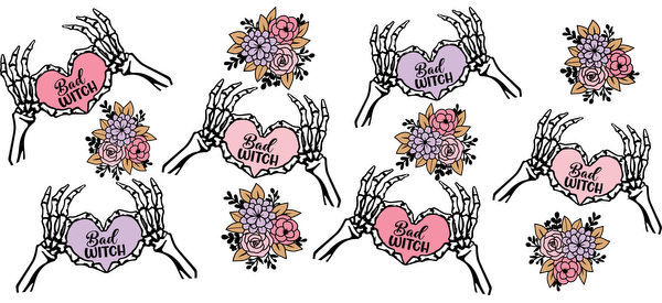 A charming collection of floral "Bad Witch" heart designs featuring soft pastel colors and elegant blooms, perfect for witches!UV Transfers dtf transfers