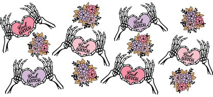 A charming collection of floral "Bad Witch" heart designs featuring soft pastel colors and elegant blooms, perfect for witches!UV Transfers dtf transfers