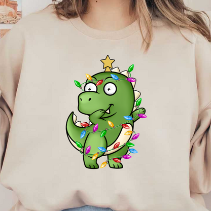 A cheerful green dinosaur adorned with colorful Christmas lights and a star on its head, bringing festive joy!dtf regular iron