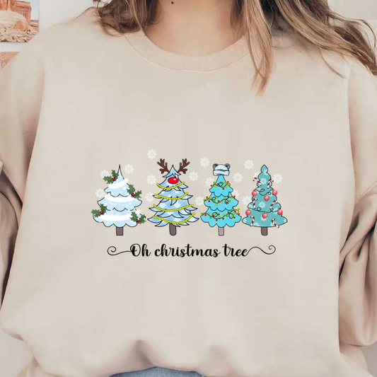 A cheerful collection of four whimsical Christmas trees, each uniquely decorated with colorful ornaments, lights, and snowflakes. dtf prints