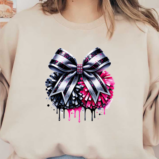 A vibrant bow featuring black and silver stripes with pink highlights, adorned with sparkling embellishments for a festive touch.DTF Transfers heat press transfers