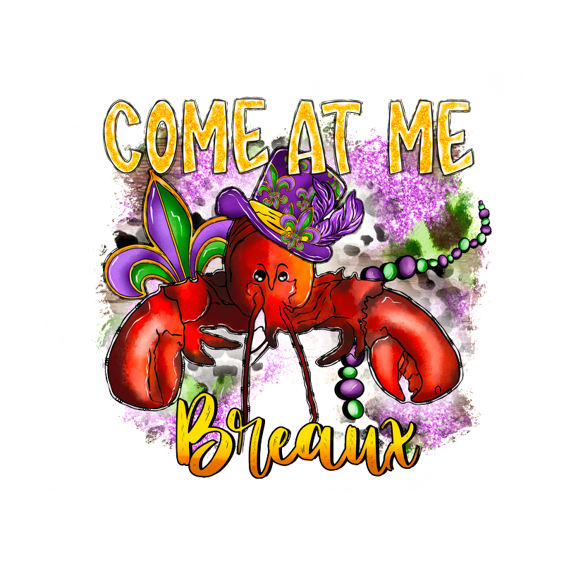 This vibrant graphic features a festive lobster wearing a colorful Mardi Gras hat, accompanied by decorative beads and playful text.DTF Transfers