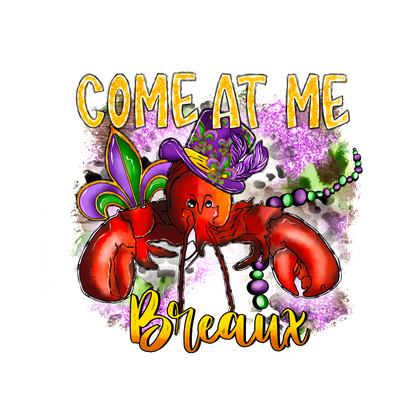 This vibrant graphic features a festive lobster wearing a colorful Mardi Gras hat, accompanied by decorative beads and playful text.DTF Transfers