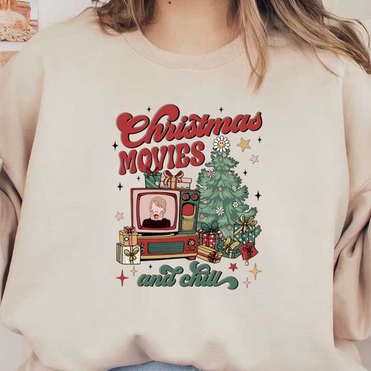 Celebrate the holiday spirit with this festive design featuring a vintage TV, a Christmas tree, and the phrase "Christmas Movies and Chill."DTF Transfers dtf transfers dtf transfers