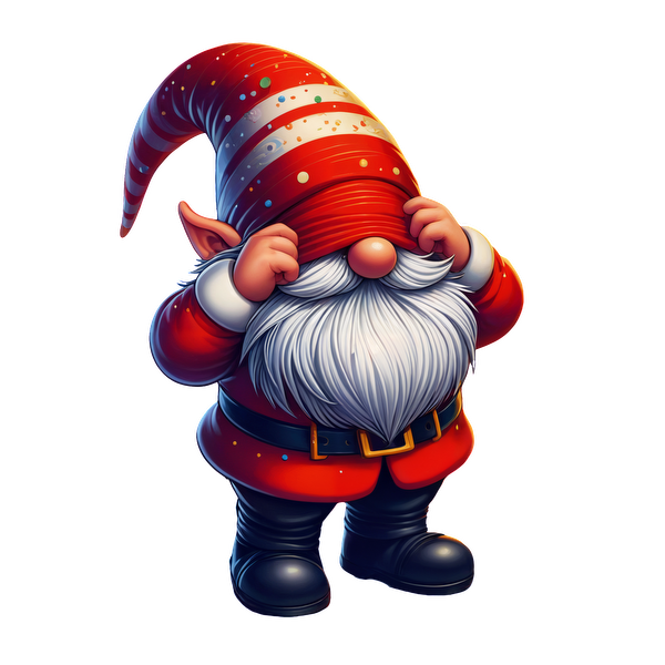 This whimsical gnome in a red and white striped hat and coat has a fluffy white beard and a playful pose.