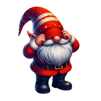 This whimsical gnome in a red and white striped hat and coat has a fluffy white beard and a playful pose.