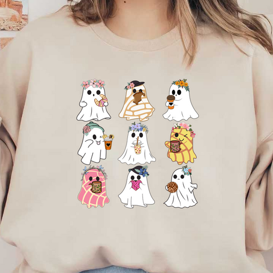 Una colorida variedad de encantadores personajes fantasmas, cada uno adornado con flores y disfrutando de diversas delicias y bebidas.