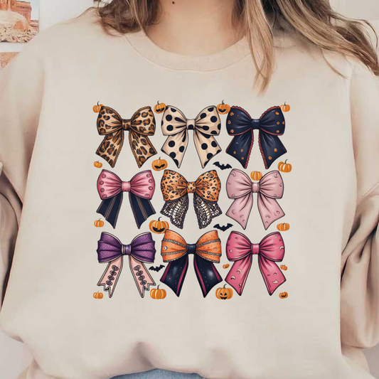 A vibrant collection of nine decorative bows in various patterns and colors, perfect for adding flair to any outfit or gift. dtf prints