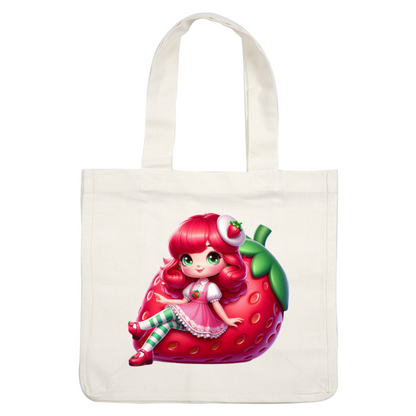 Meet a charming strawberry-themed character with vibrant pink hair, big green eyes, and a playful outfit, sitting on a giant strawberry!DTF Transfers