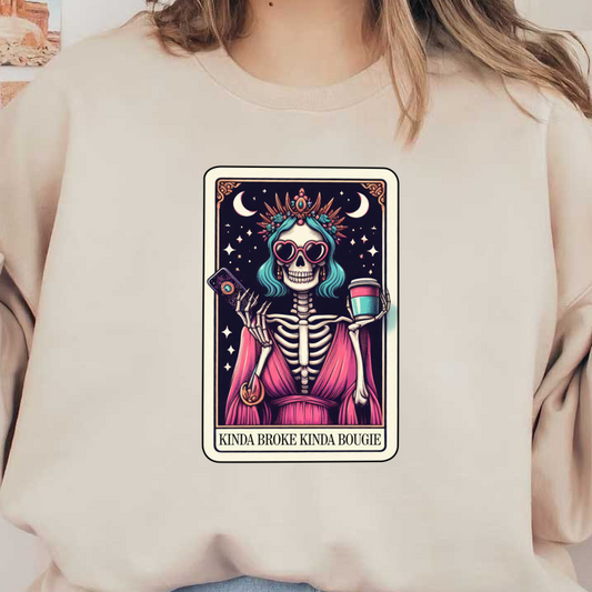 A vibrant illustration of a stylish skeleton in a crown and sunglasses, holding a coffee cup and smartphone, infused with playful charm.dtf regular iron