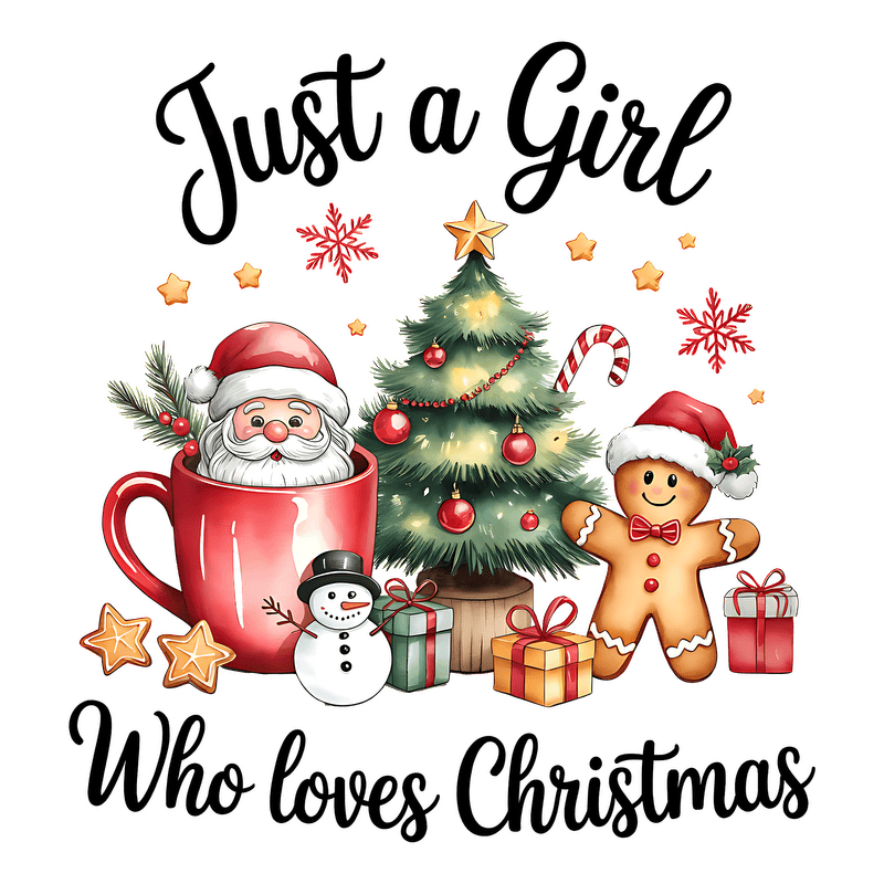 "Cheerful illustration celebrating a girl who adores Christmas festivities and joy!"DTF Transfers