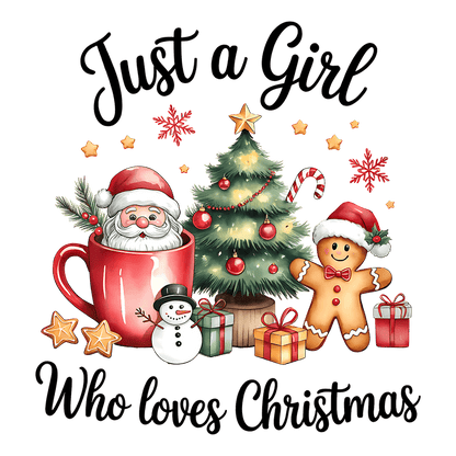 "Cheerful illustration celebrating a girl who adores Christmas festivities and joy!"DTF Transfers