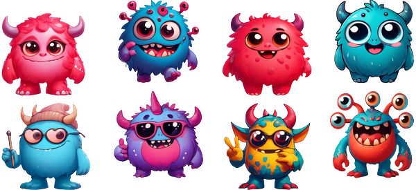 A colorful collection of cute cartoon monsters, each with unique features and vibrant designs, showcasing playful expressions and styles.UV Transfersdtf regular iron