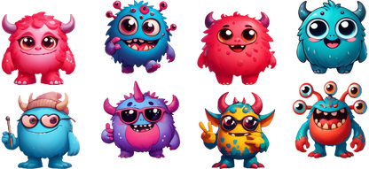 A colorful collection of cute cartoon monsters, each with unique features and vibrant designs, showcasing playful expressions and styles.UV Transfersdtf regular iron