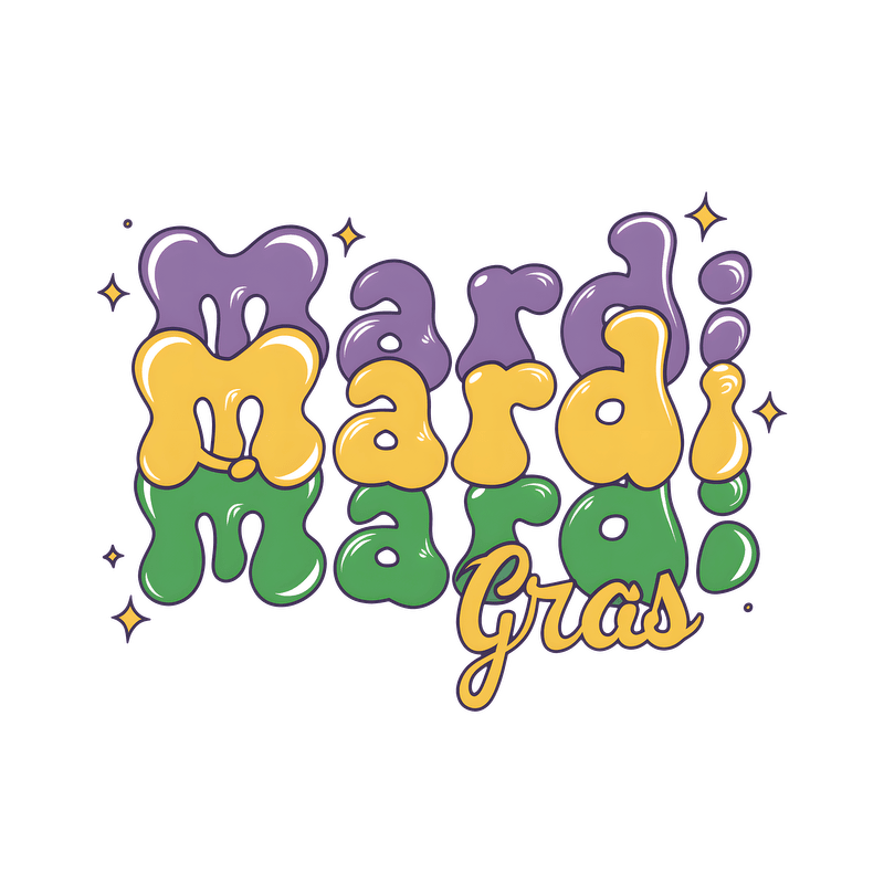 Colorful and playful Mardi Gras-themed typography featuring vibrant purple, green, and yellow letters, perfect for celebrating the festive occasion.DTF Transfers