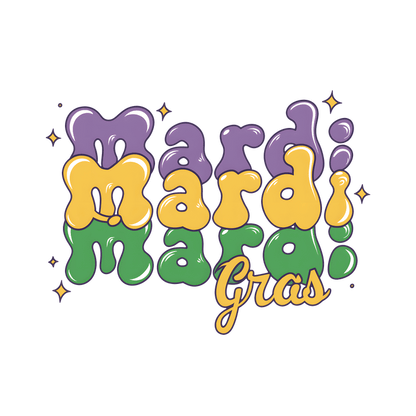 Colorful and playful Mardi Gras-themed typography featuring vibrant purple, green, and yellow letters, perfect for celebrating the festive occasion.DTF Transfers