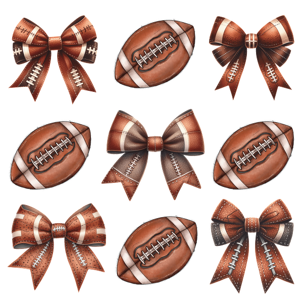 A fun collection of brown footballs and coordinating bows, perfect for sports-themed decorations or party favors.dtf regular iron