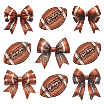 A fun collection of brown footballs and coordinating bows, perfect for sports-themed decorations or party favors.dtf regular iron