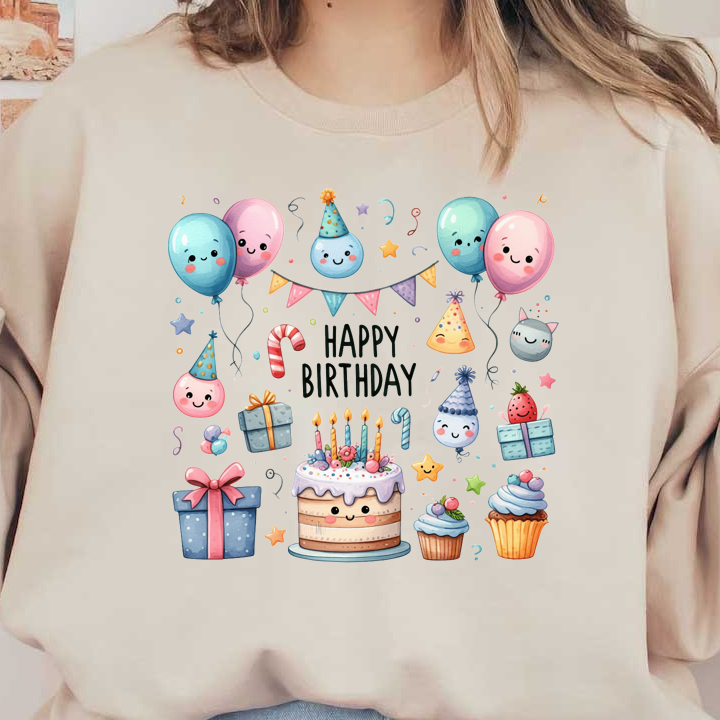 Celebrate in style with this cheerful birthday-themed illustration featuring balloons, a cake with candles, and festive gifts!DTF Transfers