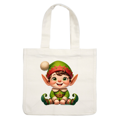 A cheerful, cartoon-style elf with big ears, wearing a vibrant green outfit and festive red hat, sits smiling warmly.DTF Transfers heat press transfers