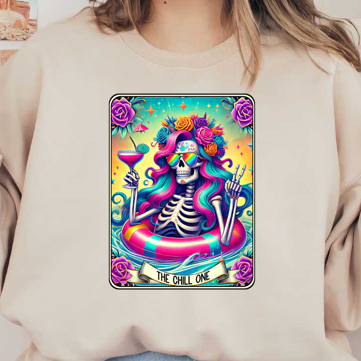 A vibrant artwork featuring a colorful skeleton relaxing in a pool with a tropical drink, adorned with flowers and sunglasses.dtf regular iron