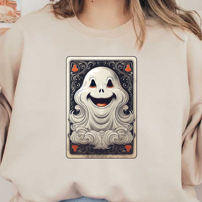 Una caprichosa ilustración de un fantasma presenta una figura sonriente envuelta en nubes fluidas, enmarcada por detalles ornamentados y colores divertidos.