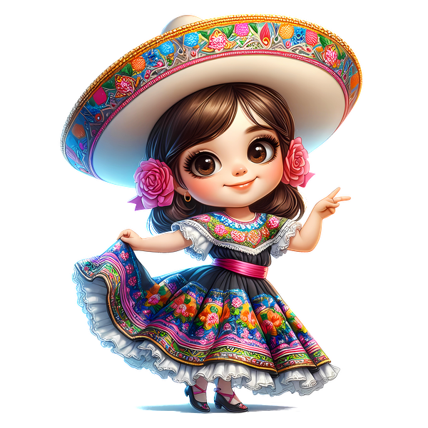 Una encantadora niña con un vibrante vestido tradicional mexicano y sombrero, adornado con flores de colores, lista para celebrar la cultura.