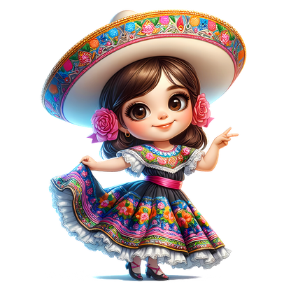 Una encantadora niña con un vibrante vestido tradicional mexicano y sombrero, adornado con flores de colores, lista para celebrar la cultura.