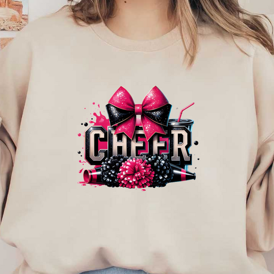 Cheerful graphic featuring a bold "CHEER" text surrounded by colorful pom-poms, a vibrant bow, and a drink.DTF Transfersdtf regular iron