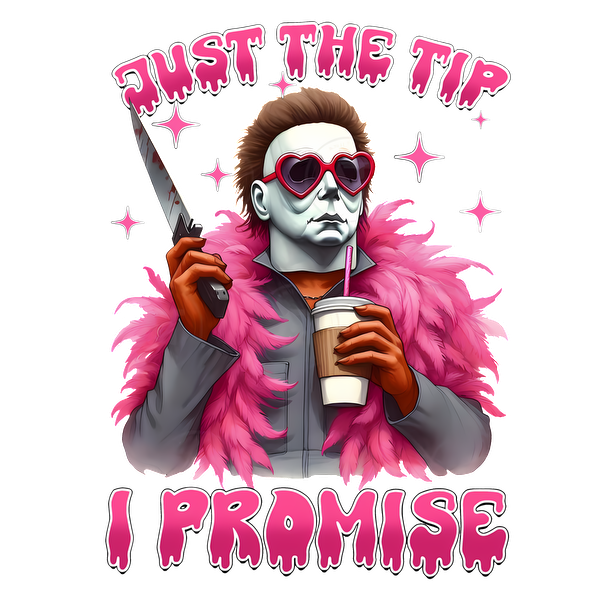 A humorous graphic featuring a character in a pink fur coat, sunglasses, and a knife, holding a beverage with playful text.dtf regular iron