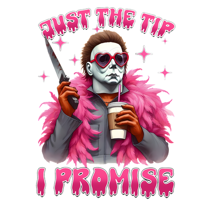 A humorous graphic featuring a character in a pink fur coat, sunglasses, and a knife, holding a beverage with playful text.dtf regular iron