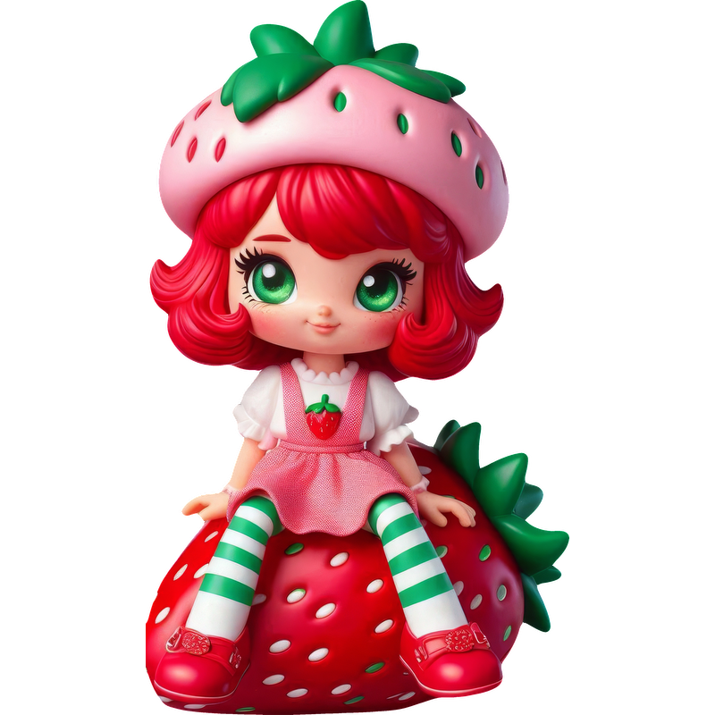 This is a charming strawberry-themed doll with bright red hair, striped stockings, and a cute strawberry hat.DTF Transfers