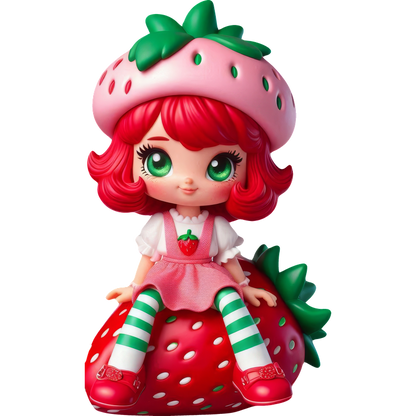 This is a charming strawberry-themed doll with bright red hair, striped stockings, and a cute strawberry hat.DTF Transfers