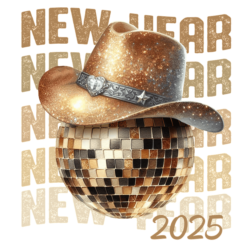 Celebrate New Year 2025 with a sparkly cowboy hat and a dazzling disco ball!DTF Transfers