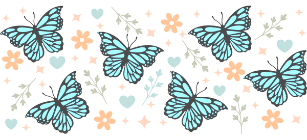 A vibrant pattern featuring blue butterflies, orange flowers, green leaves, and hearts, perfect for a cheerful design.UV Transfersdtf regular iron