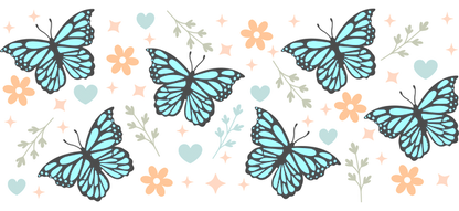 A vibrant pattern featuring blue butterflies, orange flowers, green leaves, and hearts, perfect for a cheerful design.UV Transfersdtf regular iron