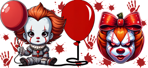 A whimsical illustration of Pennywise, featuring a cute doll holding a red balloon, alongside a playful clown face with a bow.UV Transfers heat press transfers