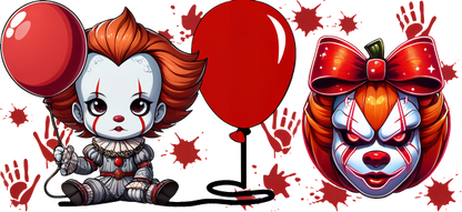 A whimsical illustration of Pennywise, featuring a cute doll holding a red balloon, alongside a playful clown face with a bow.UV Transfers heat press transfers