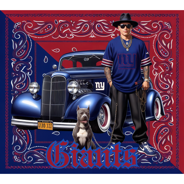 Un gráfico vibrante que presenta a un hombre elegante con una camiseta de los Giants con un auto azul clásico y un pitbull.