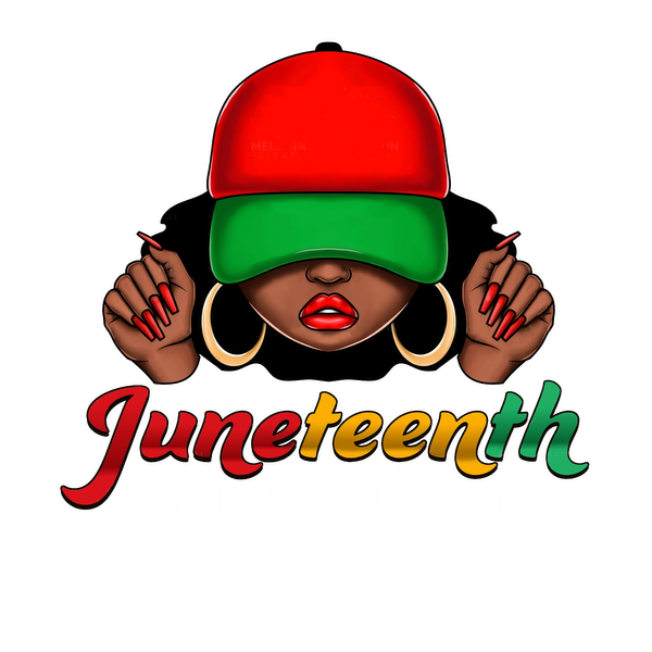 A vibrant graphic emphasizing Juneteenth, featuring a woman in a red and green cap with bold text: "Juneteenth Free-ish Since 1865." heat press transfers