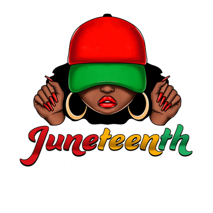 A vibrant graphic emphasizing Juneteenth, featuring a woman in a red and green cap with bold text: "Juneteenth Free-ish Since 1865." heat press transfers