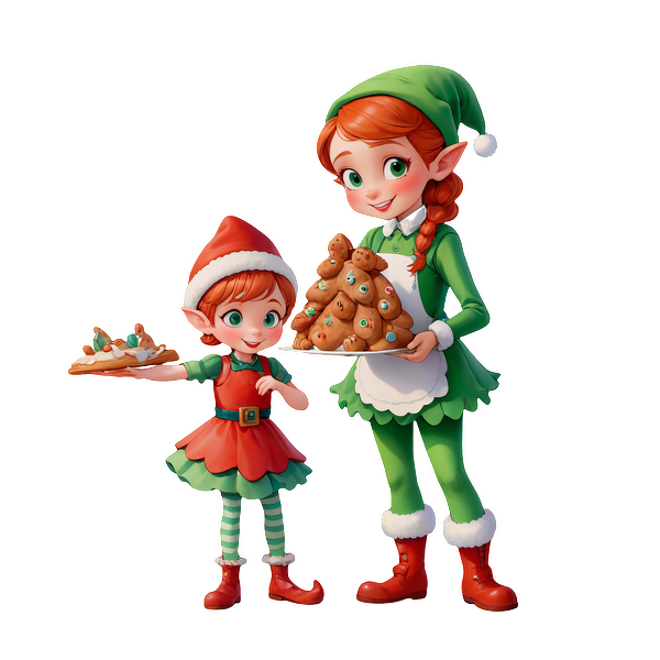 Two cheerful elves, one holding a plate of cookies and the other presenting a gingerbread tree, capture festive spirit.DTF Transfers