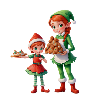 Two cheerful elves, one holding a plate of cookies and the other presenting a gingerbread tree, capture festive spirit.DTF Transfers